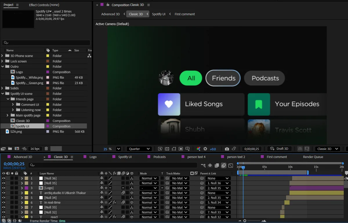 After Effects timeline for a 3D Spotify UI animation