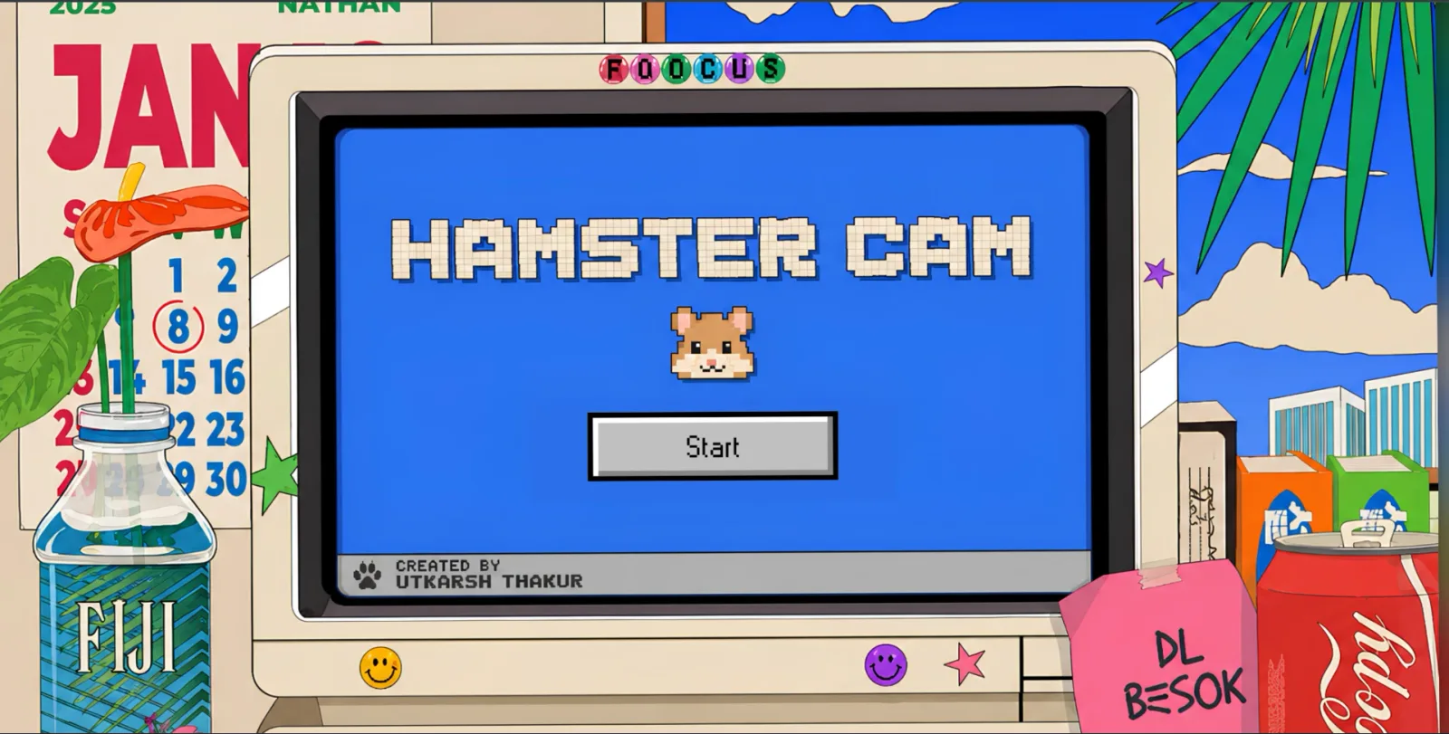 Hamster Cam start screen: a pixel hamster on a blue retro monitor with a Start button