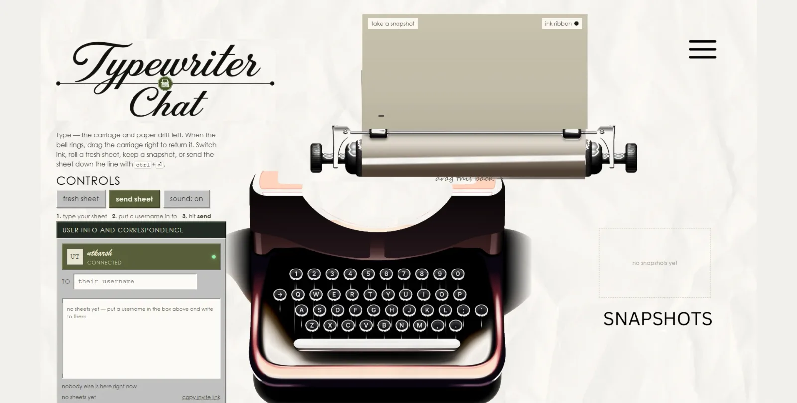 Typewriter Chat: a vintage typewriter with a paper sheet, controls and a correspondence panel